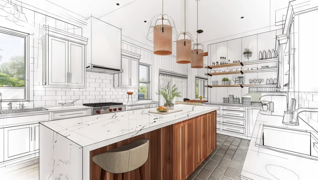 Modern kitchen with white marble wall panels and island bar, an interior design concept. Design plan mockup in white and color of luxury house